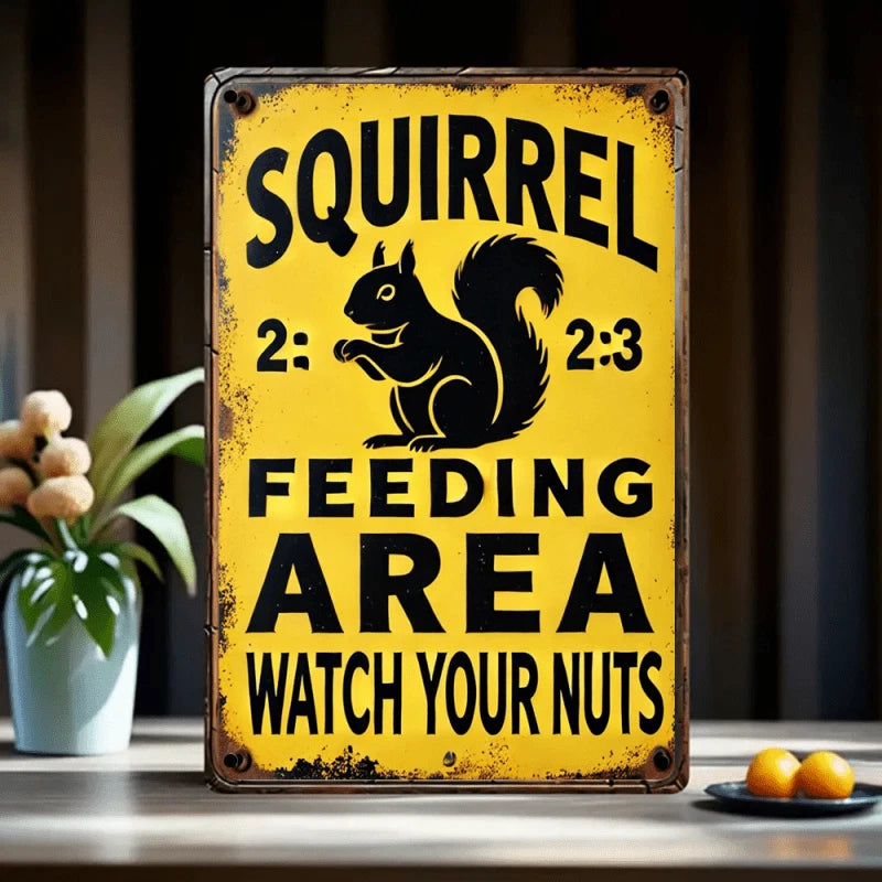 Squirrel Feeding Funny Yellow Backdrop Aluminum Sign — product artwork