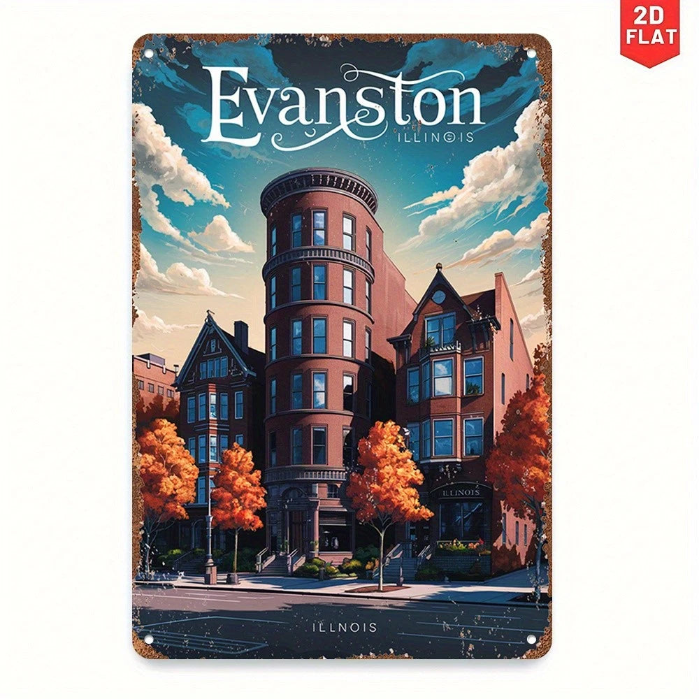Vintage Evanston Illinois Retro Skyline Aluminum Sign — product artwork
