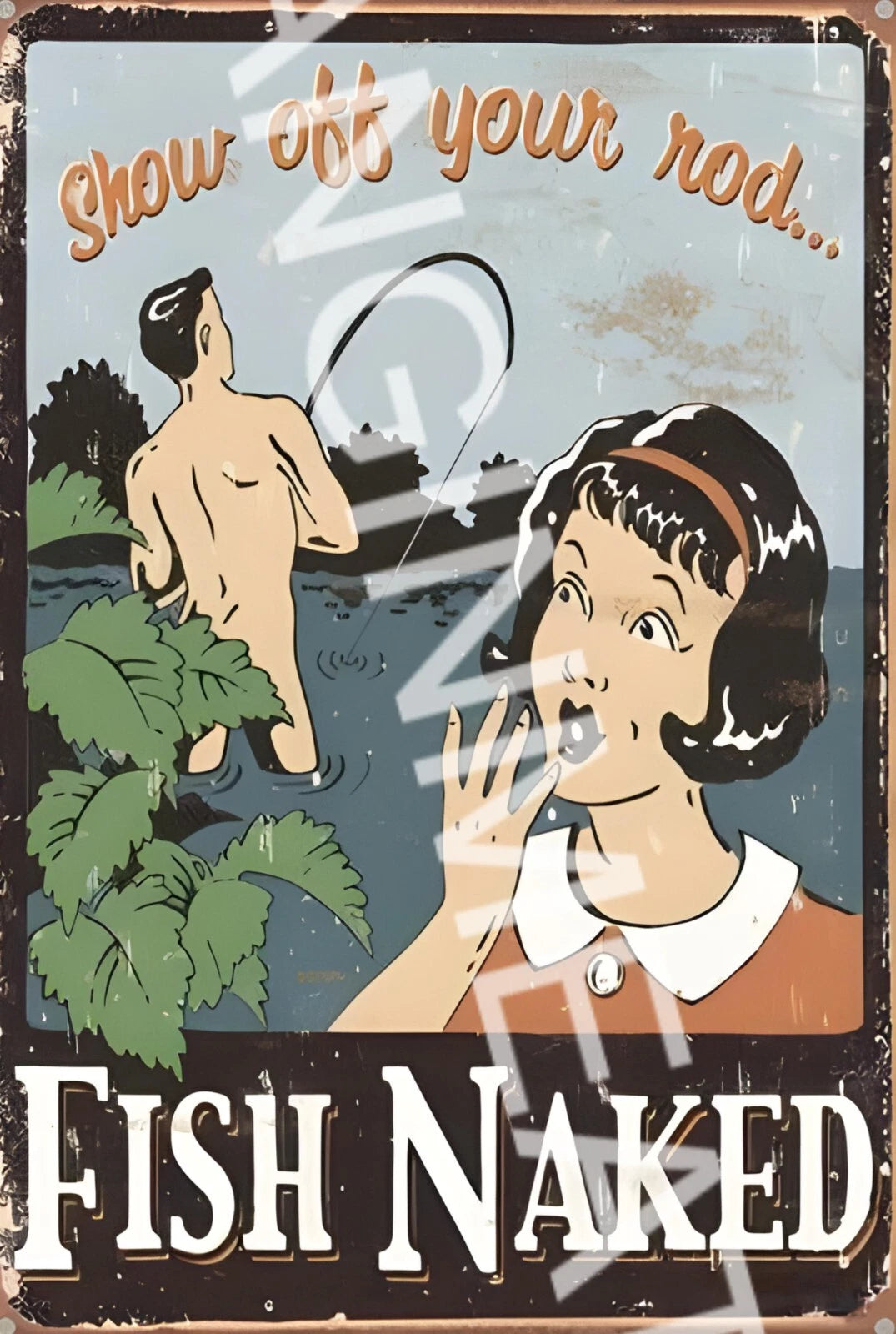 Show Off Your Rod Fish Naked Funny Aluminum Sign — product artwork