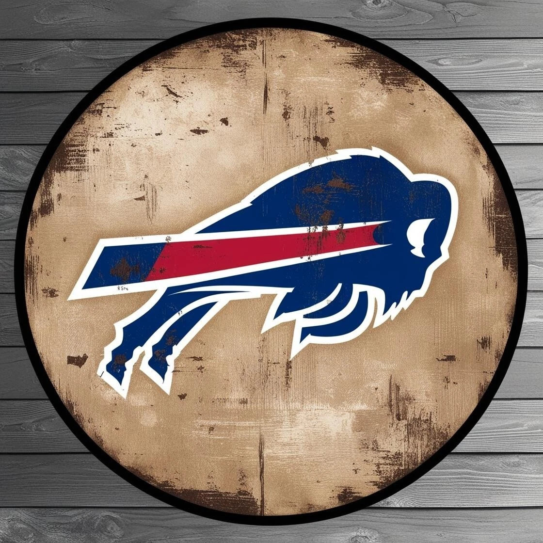 Buffalo Football Tan Wood Black Border Round Aluminum Sign — product artwork