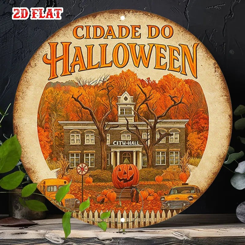 Gothic Haunted Mansion Large Vintage Halloween Round Aluminum Sign — product artwork