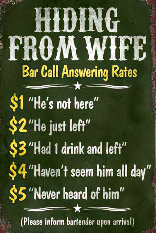 Hiding from Wife Bar Call Answering Rates Funny Aluminum Sign — product artwork