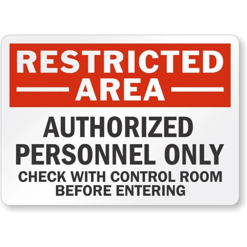Restricted Area Check With Control Room Aluminum Sign — product artwork