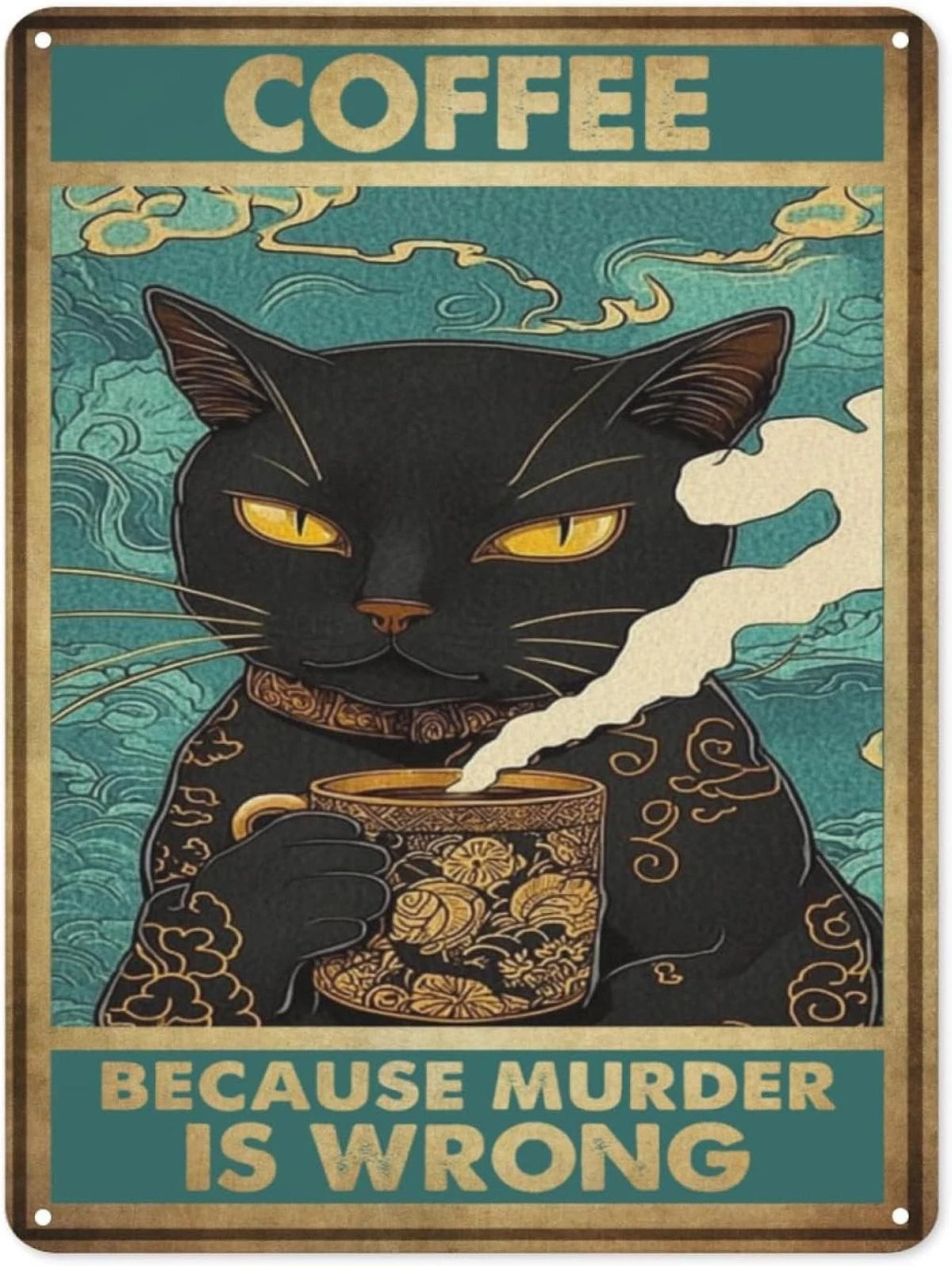 Vintage Tin Coffee Black Cat Wall Art Retro Aluminum Sign — product artwork