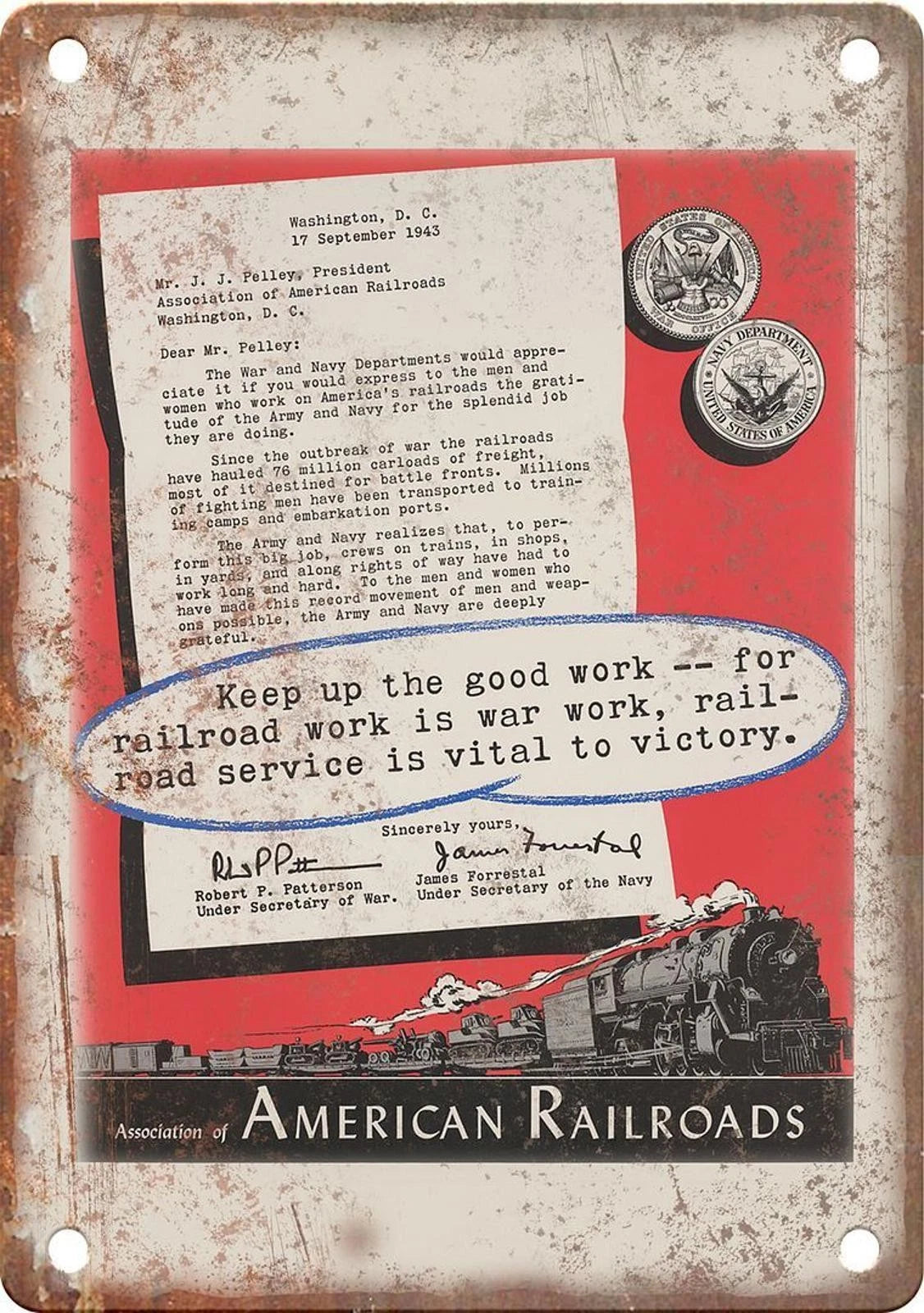 WWII Propaganda American Railroad Funny Aluminum Sign — product artwork