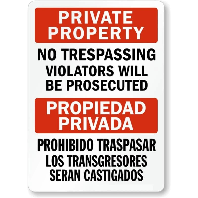 Bilingual No Trespassing Violators Prosecuted Aluminum Sign — product artwork