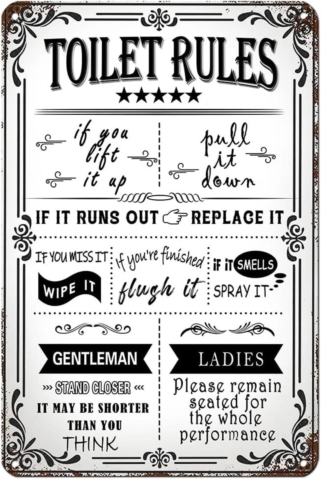 Toilet Rules Funny Farmhouse Bathroom Aluminum Sign — product artwork