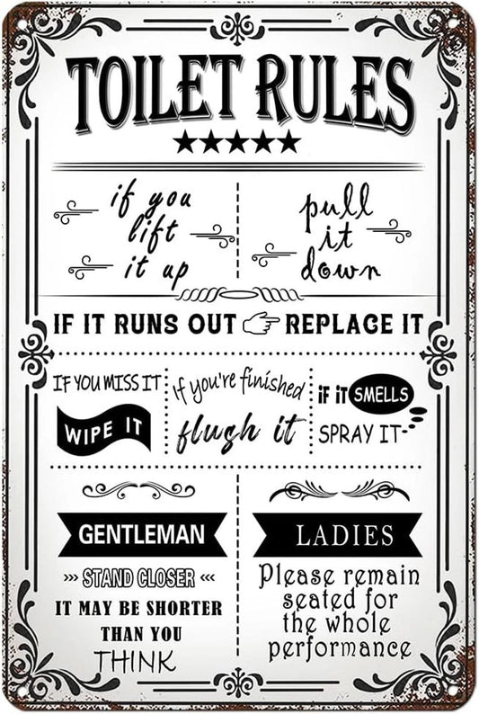 Toilet Rules Funny Farmhouse Bathroom Aluminum Sign — product artwork