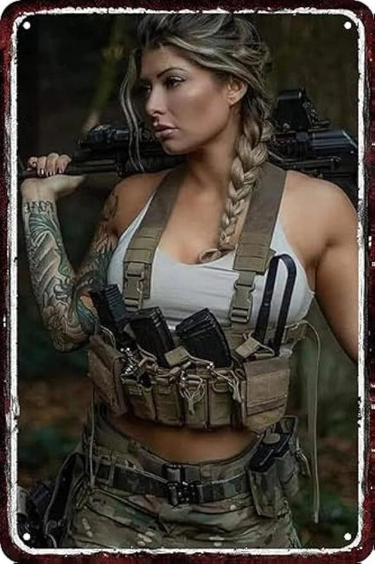 Army Pin Up Military Female Soldiers Braids Aluminum Sign — product artwork