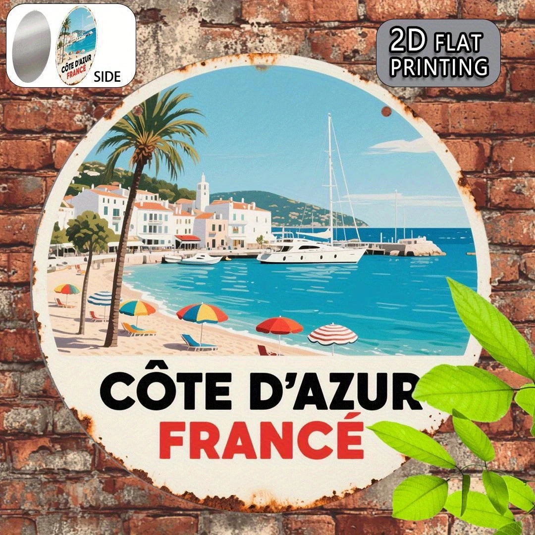 Vintage Printing Cote D Azur France Beach Round Aluminum Sign — product artwork