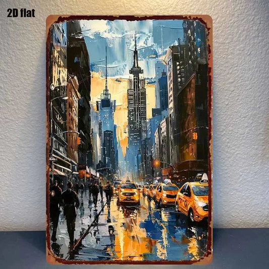 Tin New York Street Scene Yellow Taxi City Building Aluminum Sign — product artwork