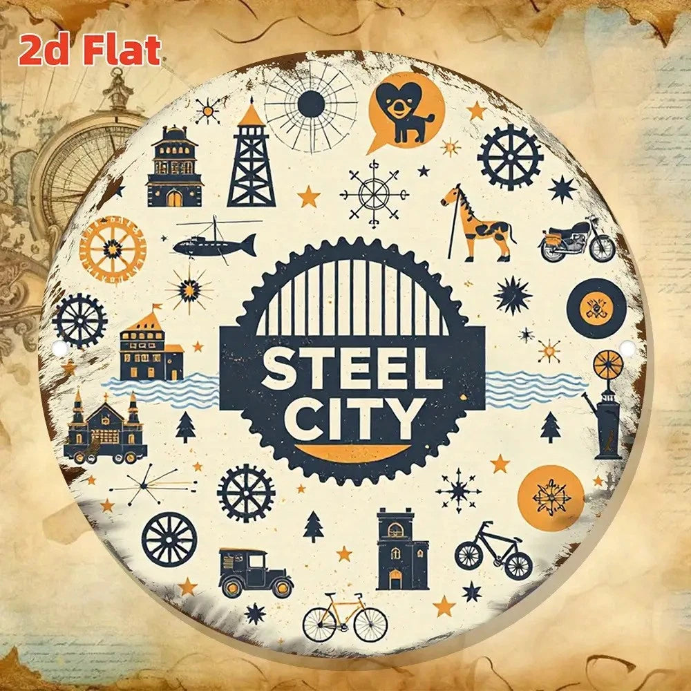 Industrial Vintage Steel Cityscape Funny Round Aluminum Sign — product artwork