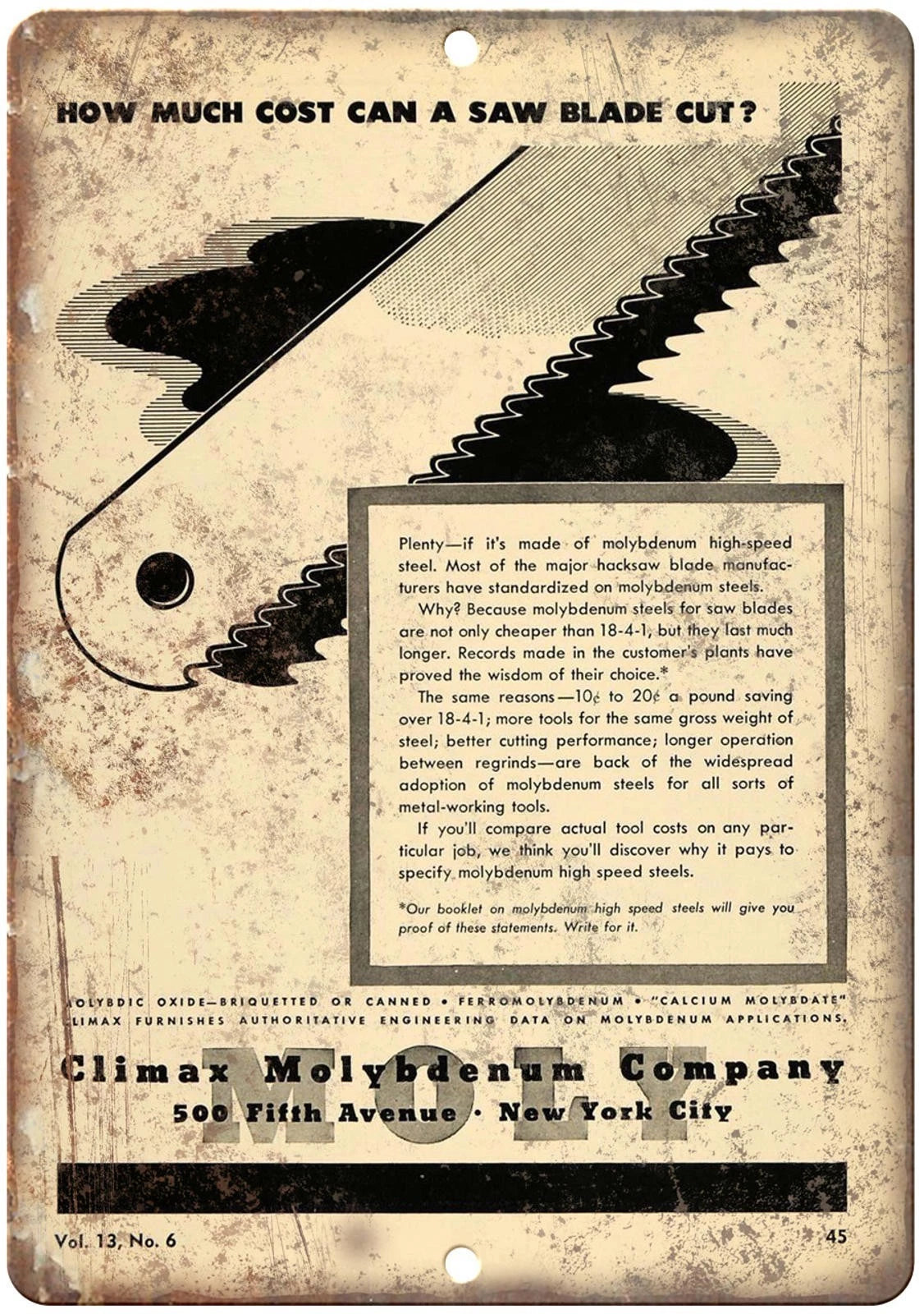 Moly Hacksaw Blade Thick Reproduction Aluminum Sign — product artwork