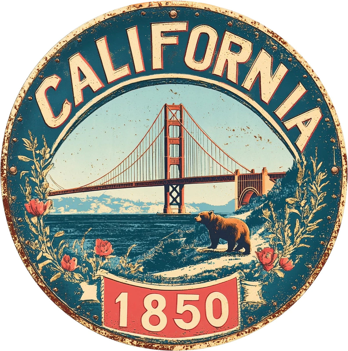 California Vintage Scenic Round Aluminum Sign — product artwork