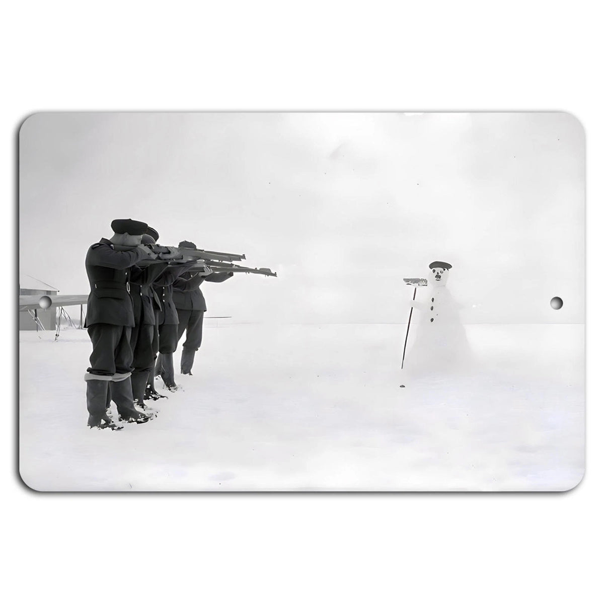 Soldiers Vs Snowman Horizontal Holiday Aluminum Sign — product artwork
