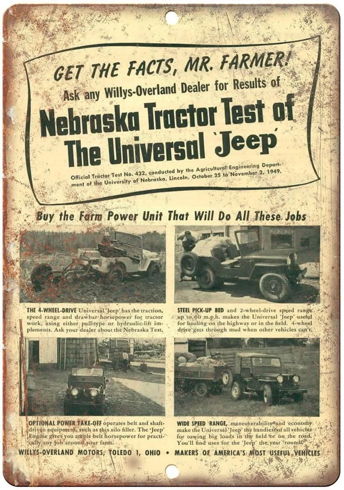 Vintage Jeep Willys Overland Auto Ad Reproduction Aluminum Sign — product artwork