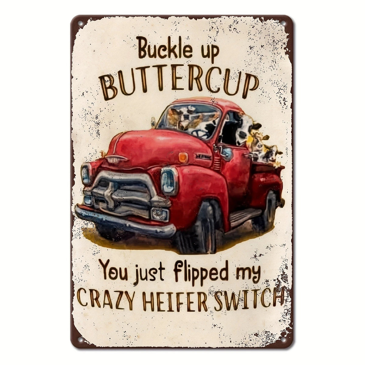 Retro Funny Cow in Truck Farmhouse Aluminum Sign — product artwork