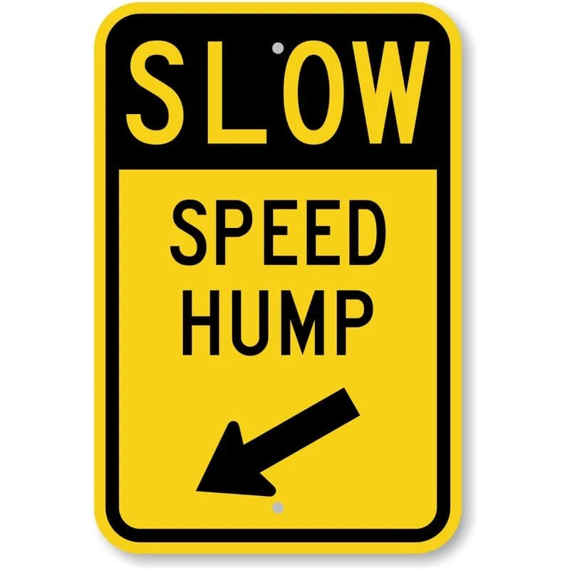 Speed Hump Diagonally Left Arrow Slow Aluminum Sign — product artwork