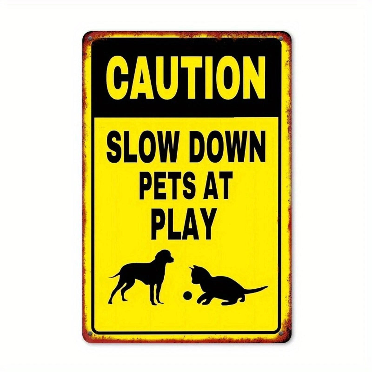 Pets at Play Funny Retro Yard Aluminum Sign — product artwork