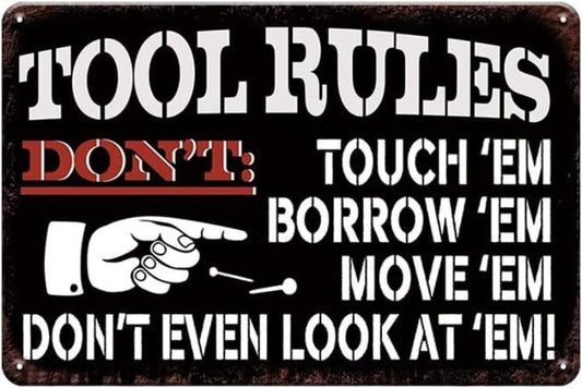 Garage Funny Vintage Tool Rules Aluminum Sign — product artwork