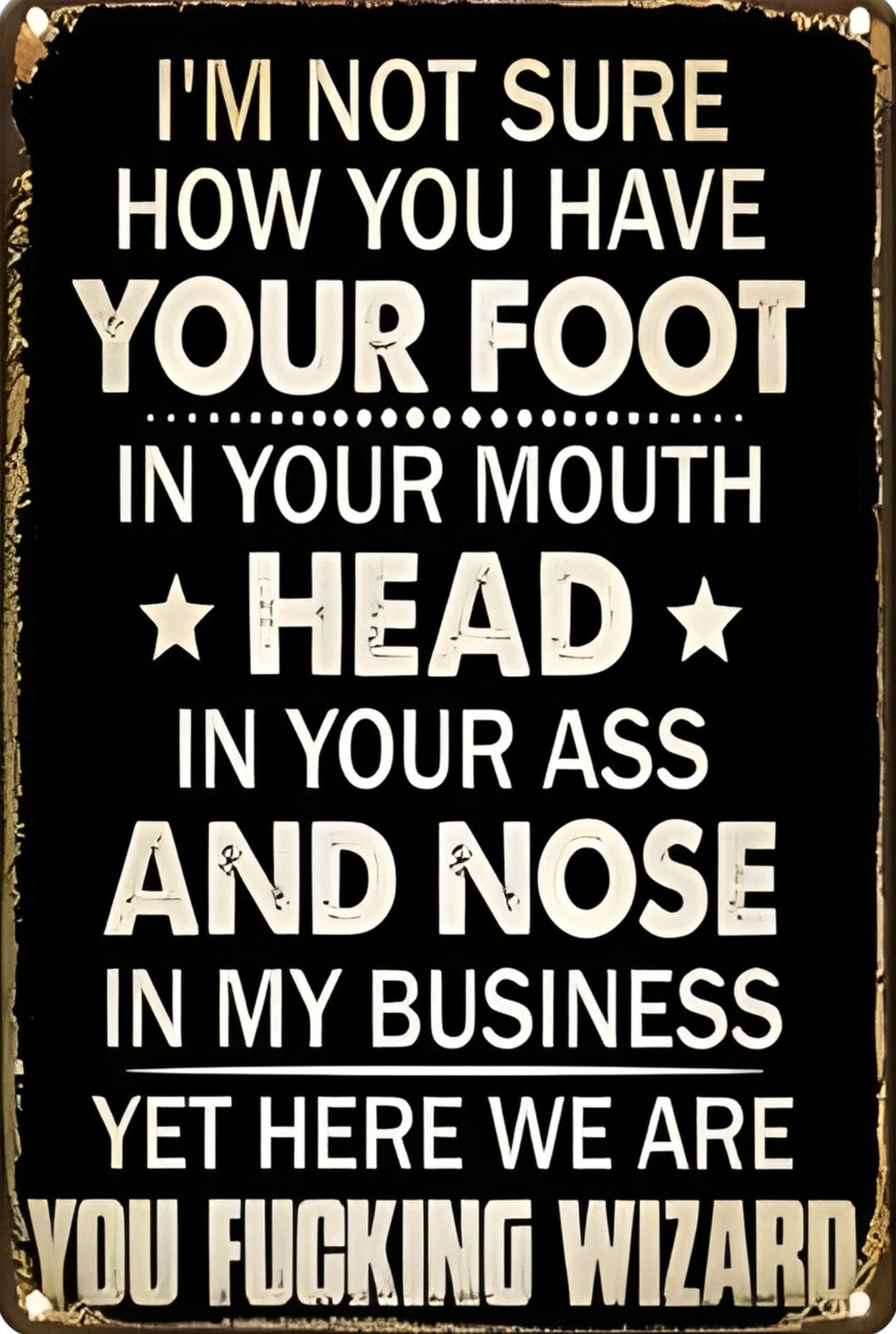 Foot in Mouth Head in Ass Nose in My Business Funny Aluminum Sign — product artwork