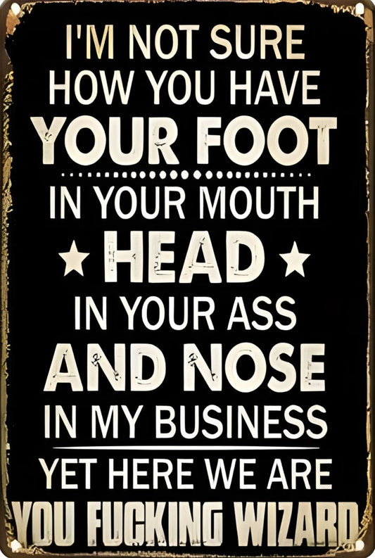 Foot in Mouth Head in Ass Nose in My Business Funny Aluminum Sign — product artwork