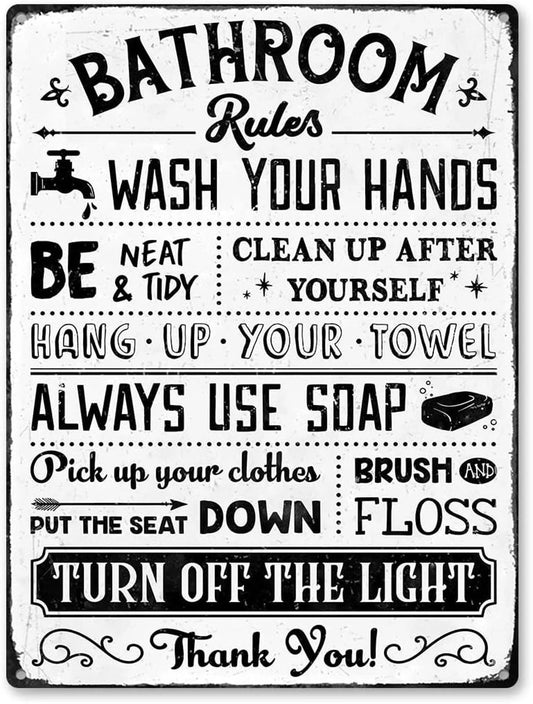 Bathroom Rules Wash Hands Clean Up Put Seat Down Aluminum Sign — product artwork