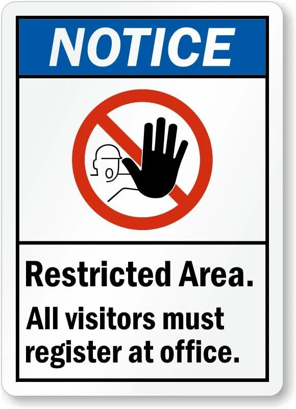 Notice Restricted Area Visitors Register at Office Sign — product artwork