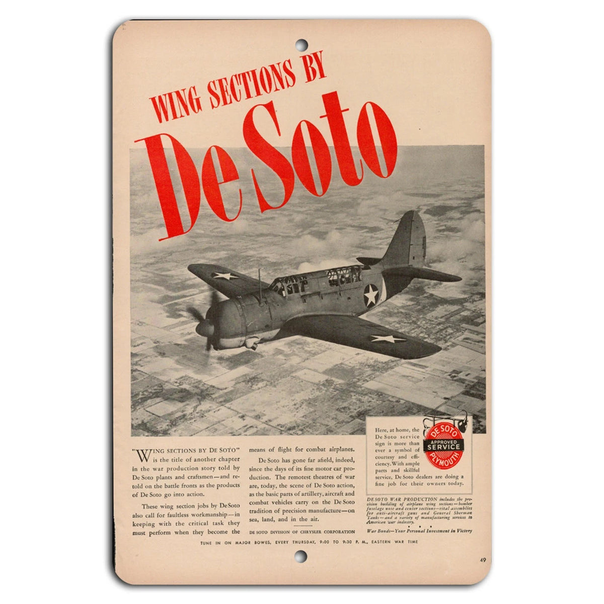 Vintage Aviation De Soto Wing Sections Aluminum Sign — product artwork