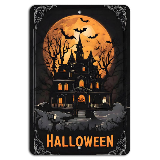 Orange Moon Haunted Mansion Halloween Aluminum Sign — product artwork
