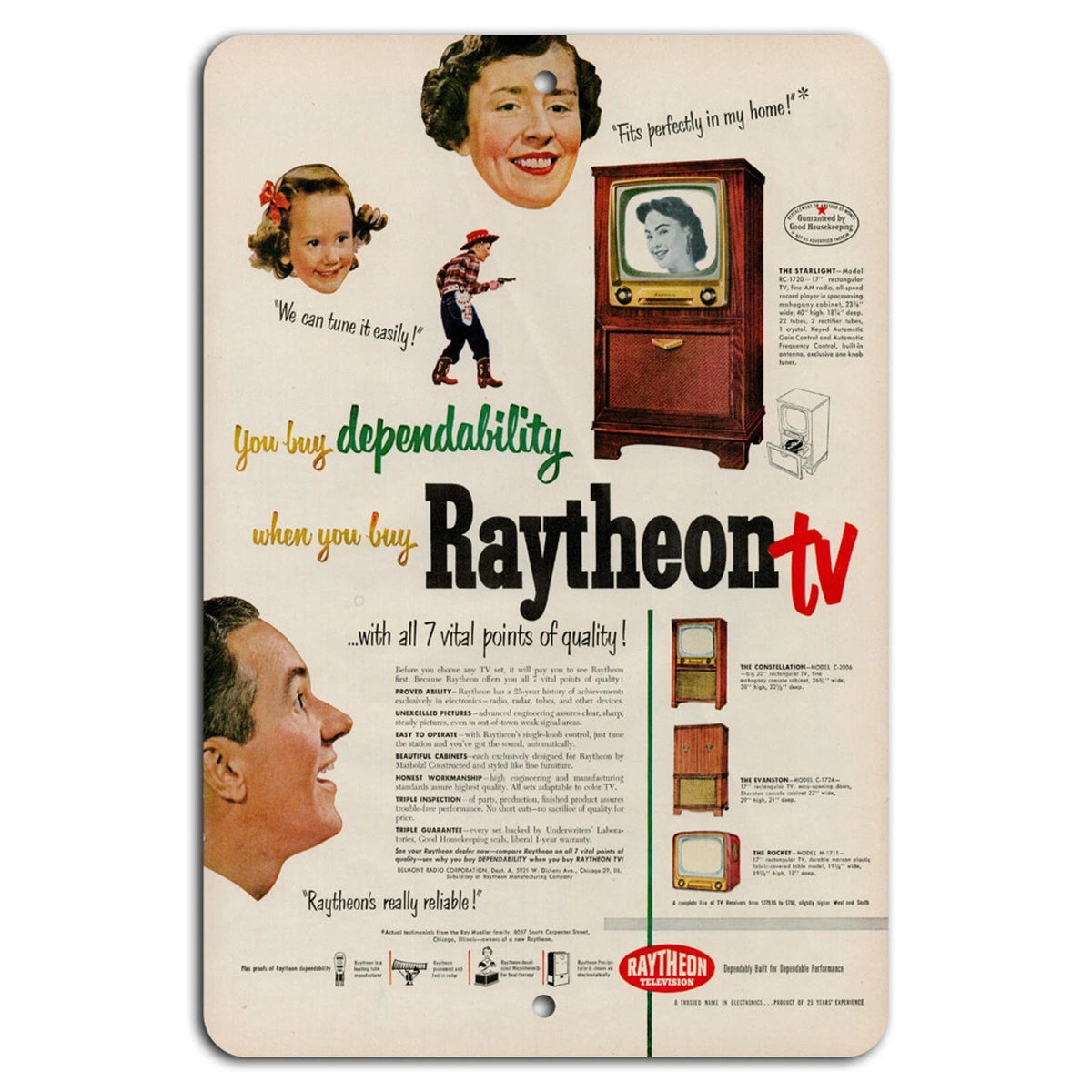 Raytheon Seven Points of Quality Vintage Television Aluminum Sign — product artwork