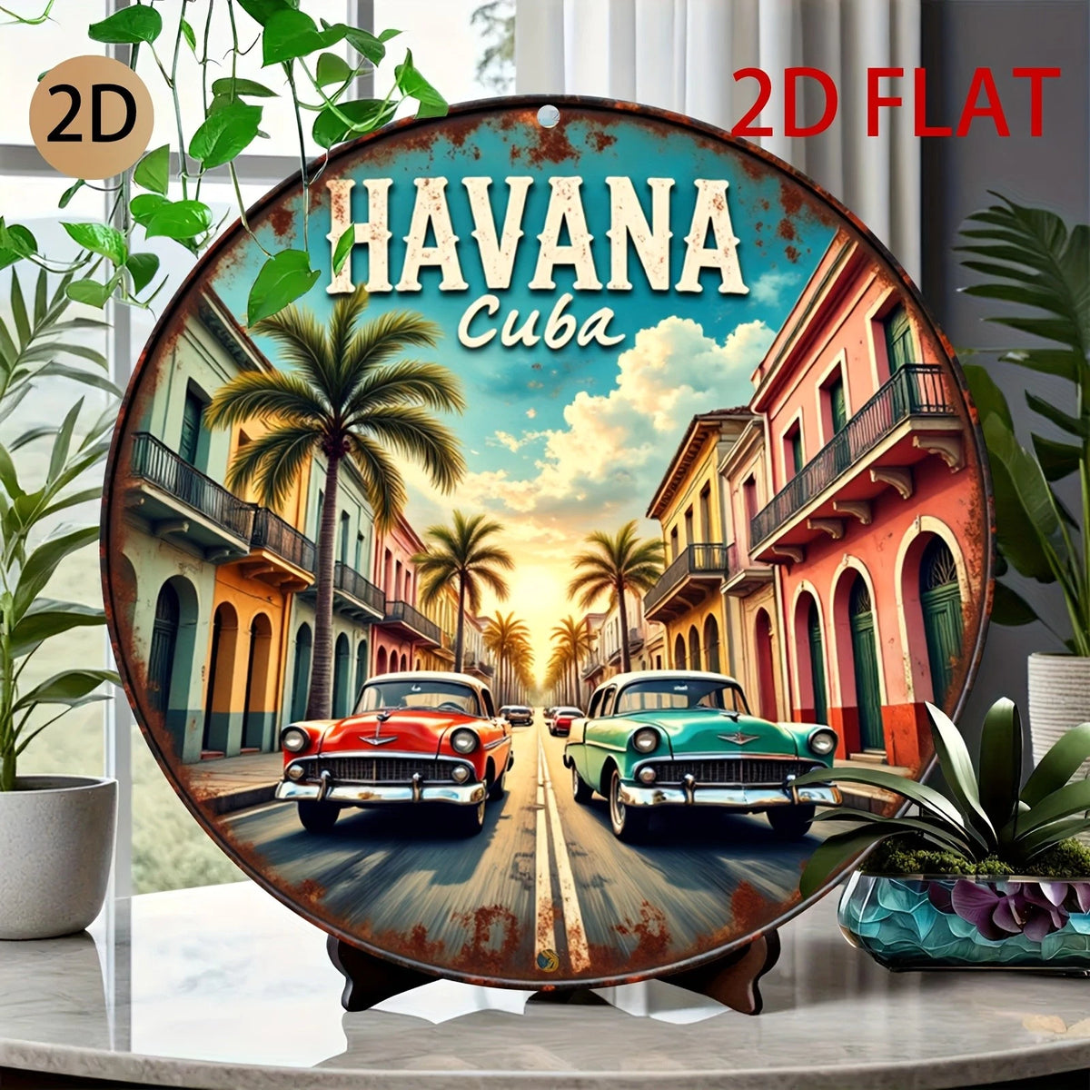 Havana Cuba Classic Cars Round Aluminum Sign — product artwork