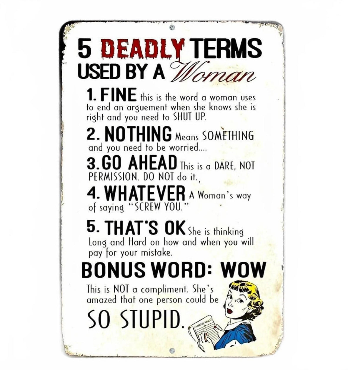 Deadly Terms Woman Funny Garage Aluminum Sign — product artwork