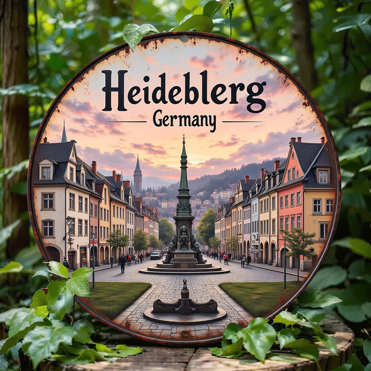 Vintage Germany Heidelberg Cityscape Round Aluminum Sign — product artwork