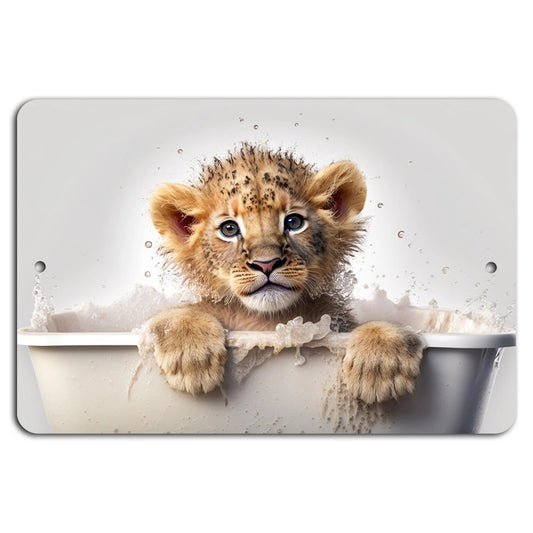 Decorative Cute Cub Splash Lion Bath Fun Aluminum Sign — product artwork