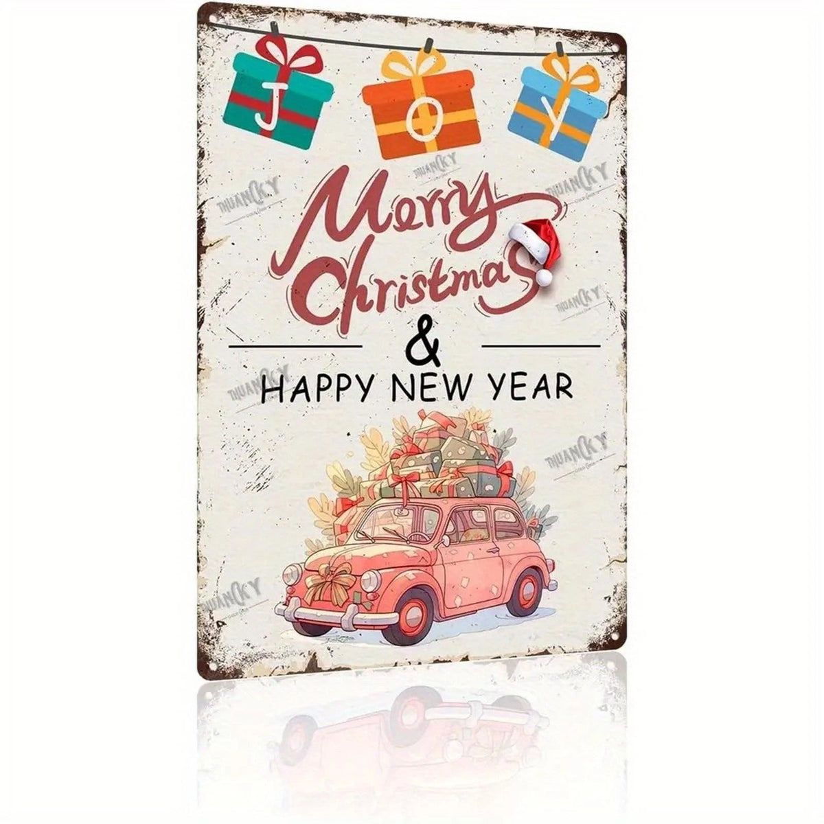 Merry Christmas and Happy New Year Red Car Aluminum Sign — product artwork