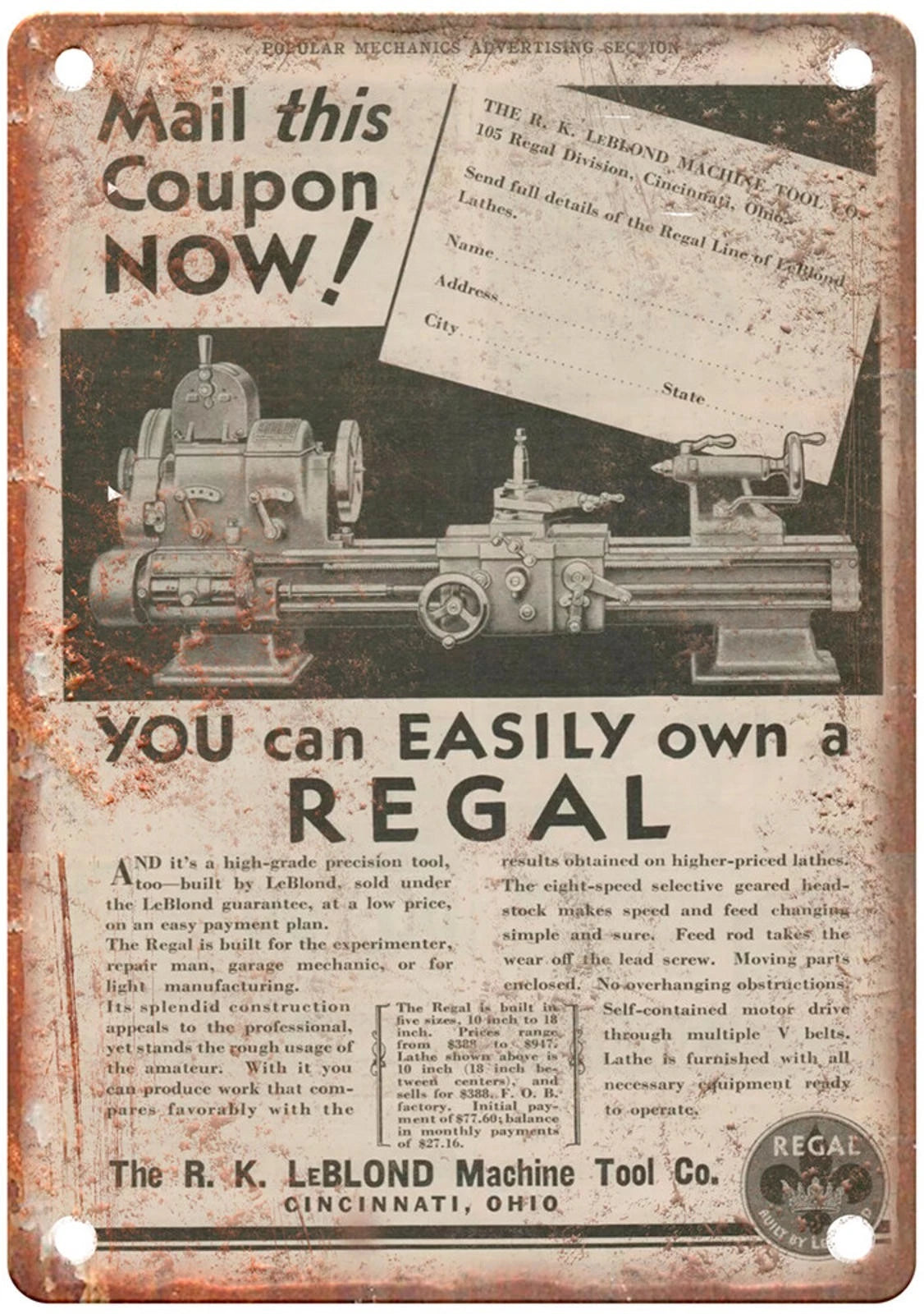Vintage 1931 Leblond Machine Tool Aluminum Sign — product artwork