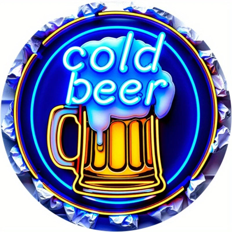 Cold Beer Neon Funny Retro Wall Art Round Aluminum Sign — product artwork