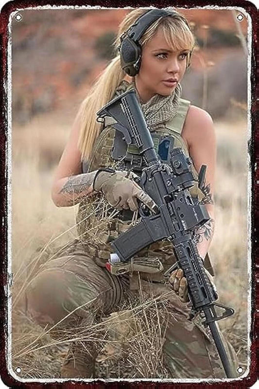 Military Pinup Vintage Sexy Woman Army Gun Aluminum Sign — product artwork