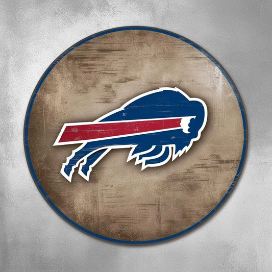 Buffalo Football Tan Wood Blue Border Round Aluminum Sign — product artwork