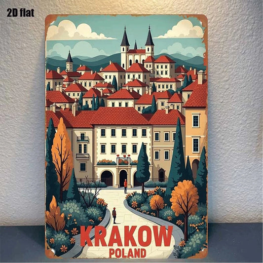 Vintage Krakow Poland Retro Landscape Framed Aluminum Sign — product artwork