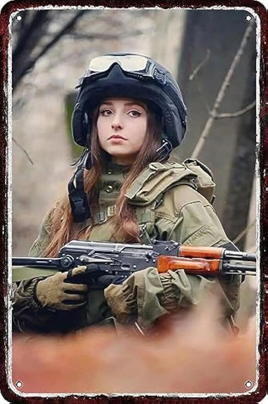 Army Pin Up Military Female Soldier Funny Aluminum Sign — product artwork