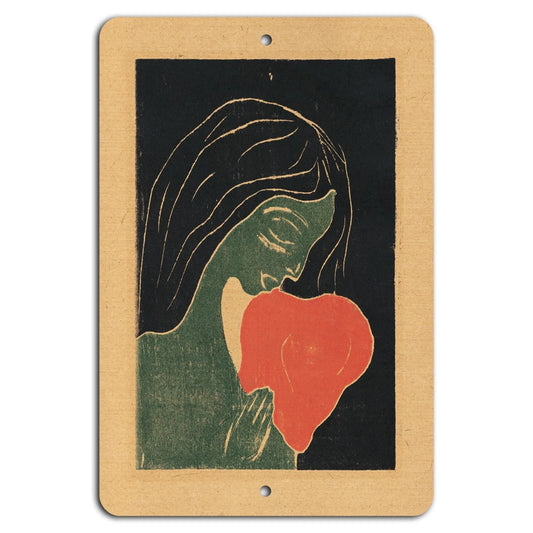 Decorative Serene Reflection Woman Red Flower Aluminum Sign — product artwork
