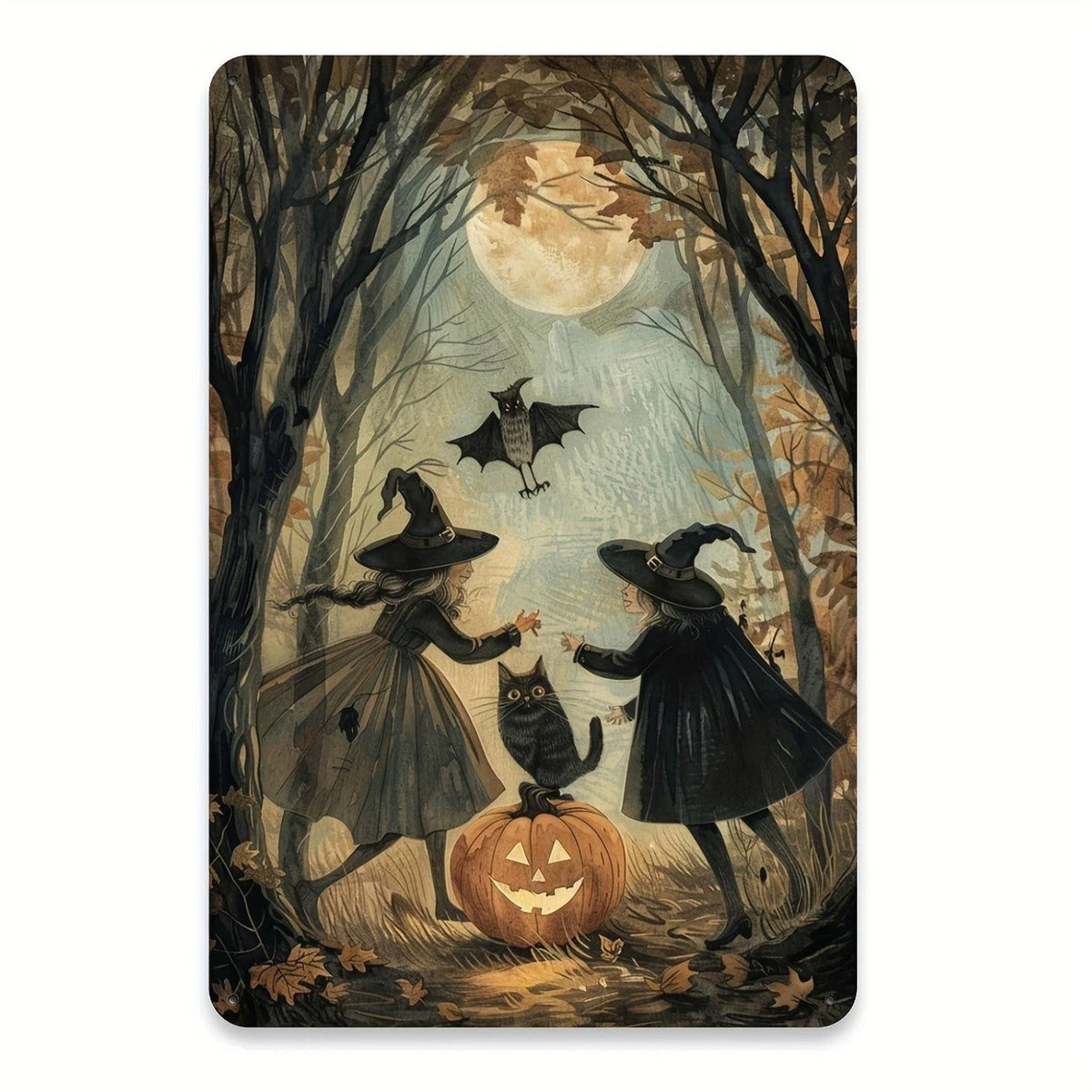 Halloween Vintage Witches Black Cat Pumpkin Aluminum Sign — product artwork