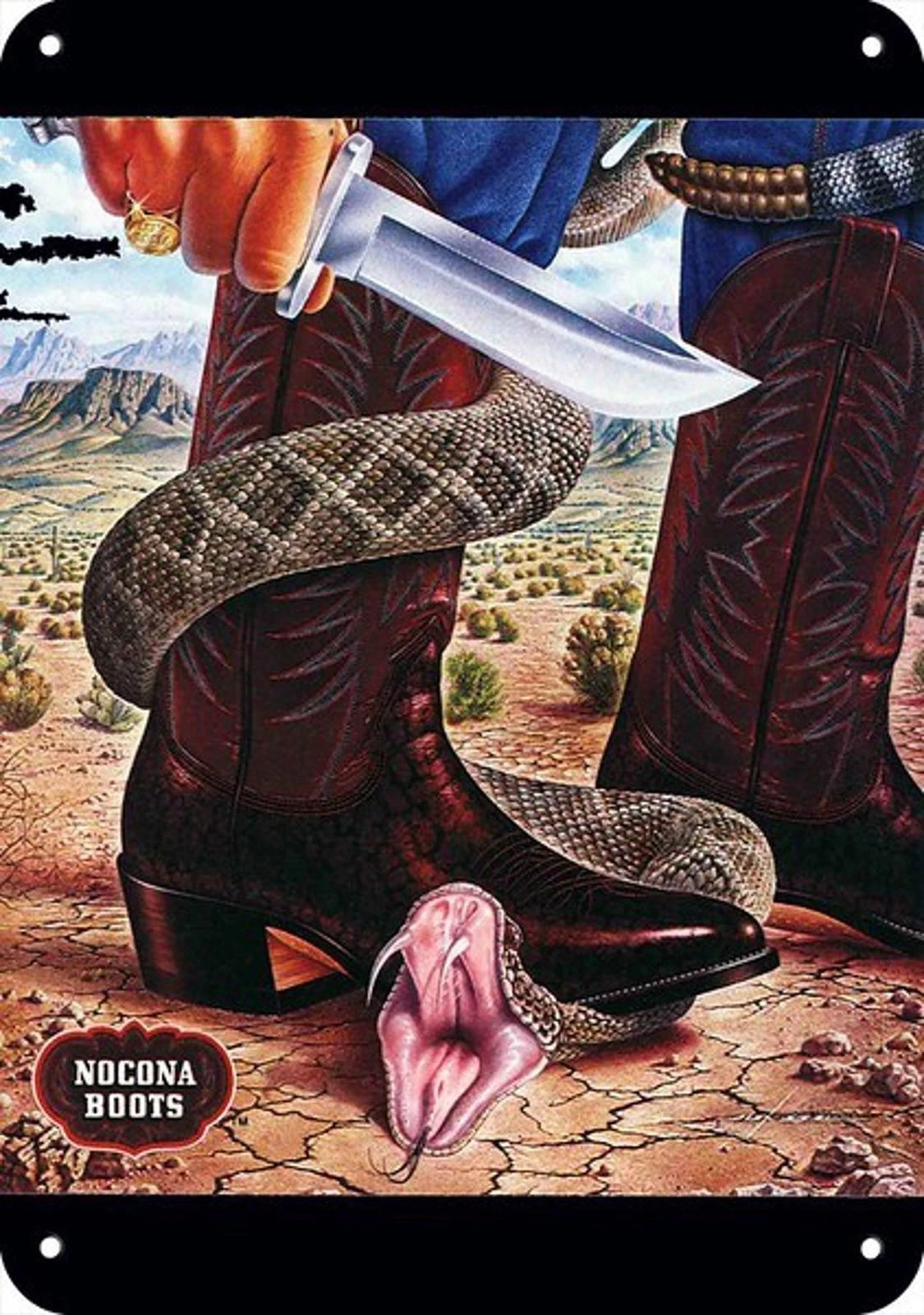 Nocona Boots Western Cowboy Knife Rattlesnake Aluminum Sign — product artwork