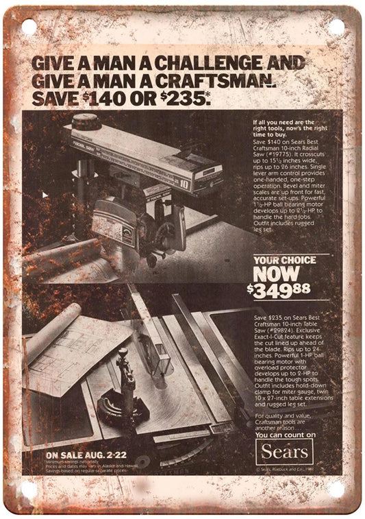 Vintage Table Saw Sears Craftsman 1987 Aluminum Sign — product artwork