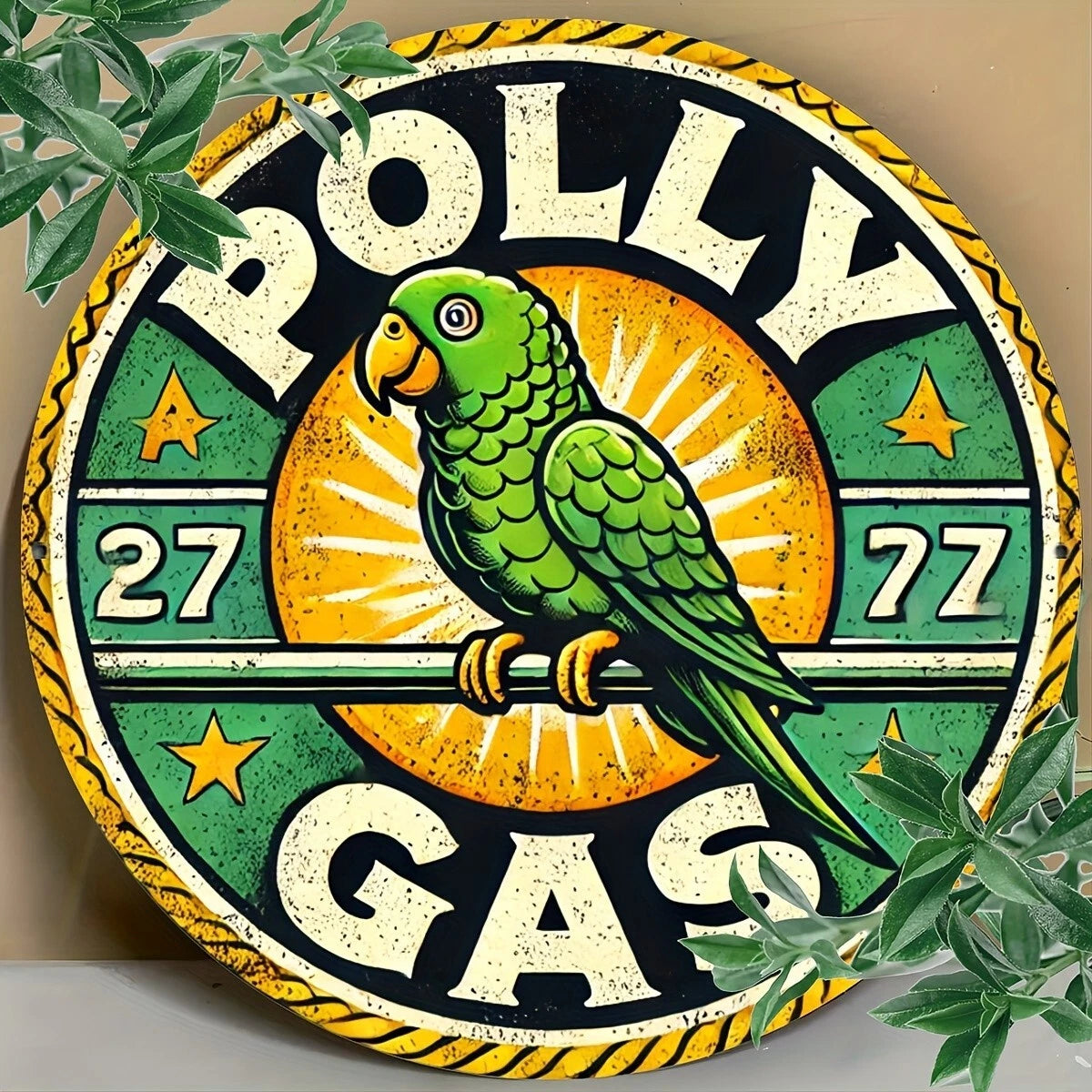 Polly Gas Parrot Vintage Round Aluminum Sign — product artwork