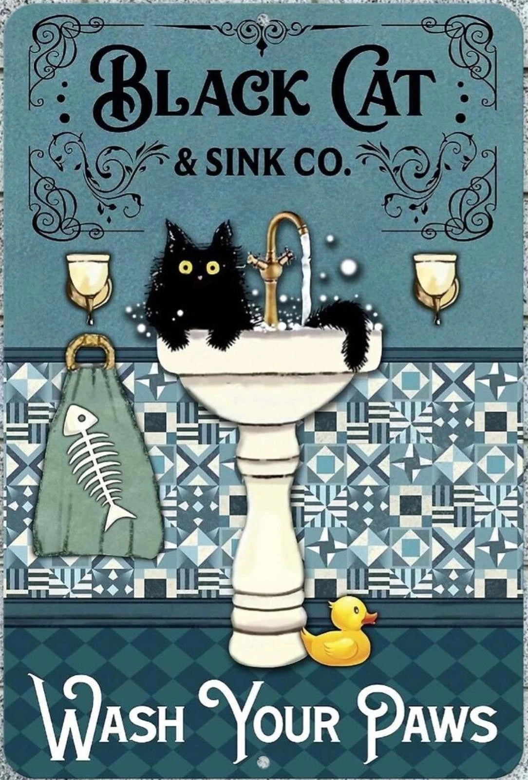 Black Cat Wash Your Paws Bathroom Aluminum Sign — product artwork