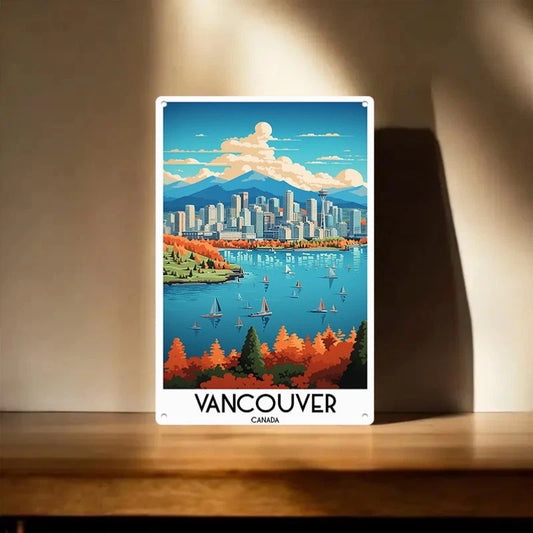 Vancouver Retro City Skyline Art Aluminum Sign — product artwork