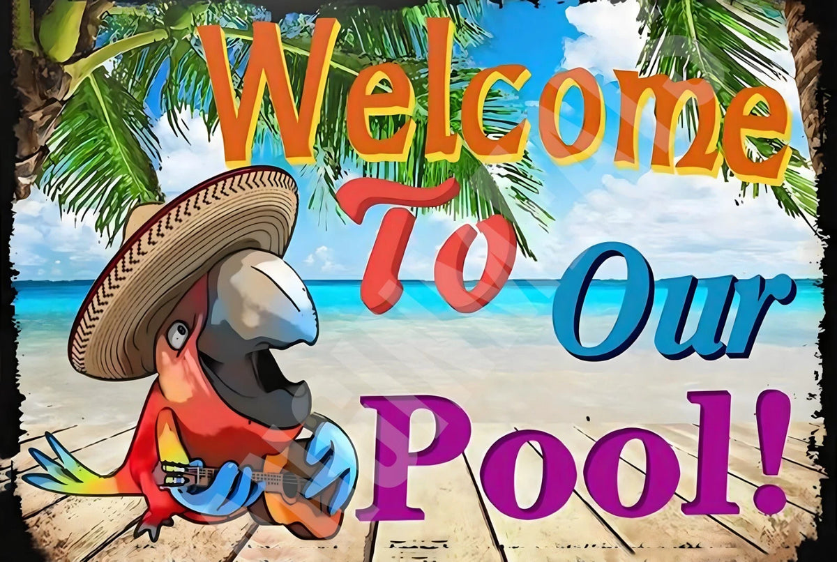 Funny Welcome to Our Pool USA Aluminum Sign — product artwork